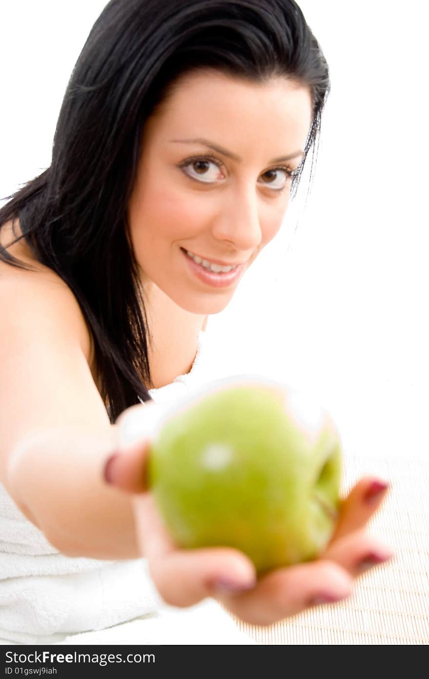 Side view of smiling sexy woman with scrubber in spa. Side view of smiling sexy woman with scrubber in spa