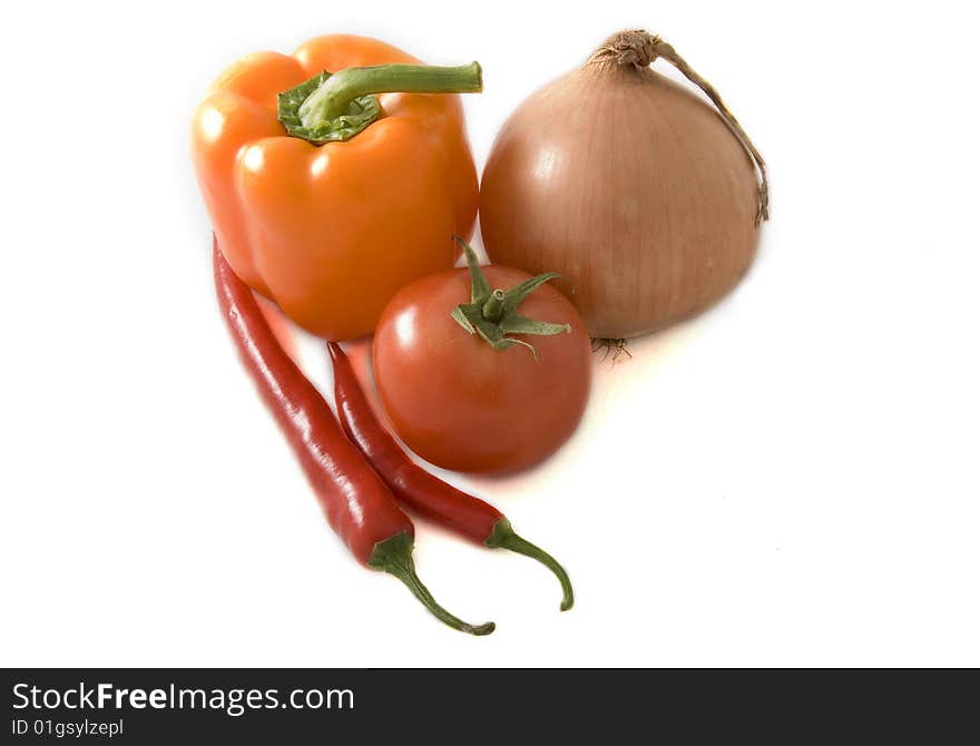 Paprika onion tomato and chili isolated on white background. Paprika onion tomato and chili isolated on white background