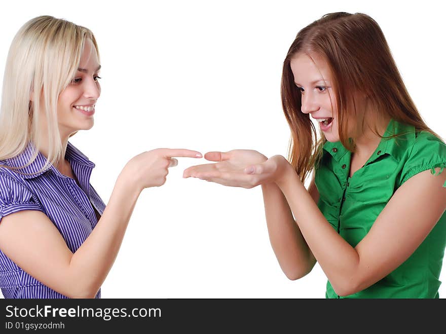 Two beautiful young friends on white background. Two beautiful young friends on white background