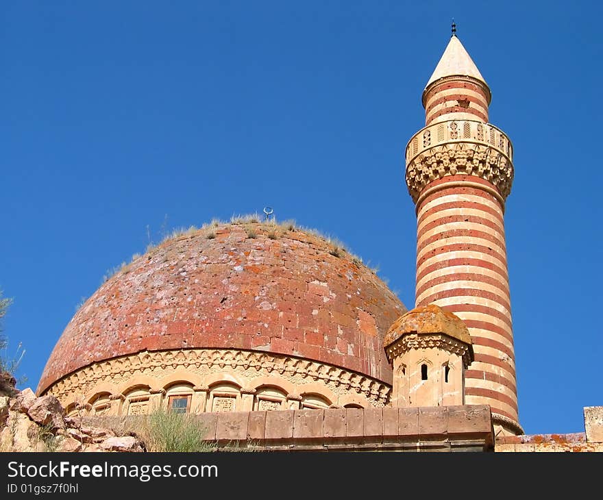 Colourful minaret at Isak Pasha Sariyer in Eastern Turkey