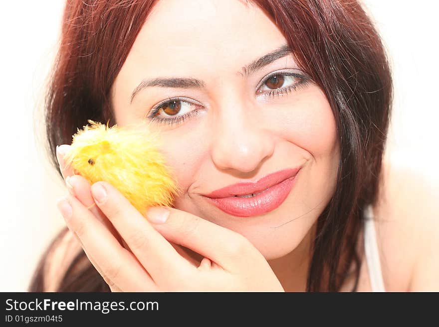 Woman portrait with chicken baby