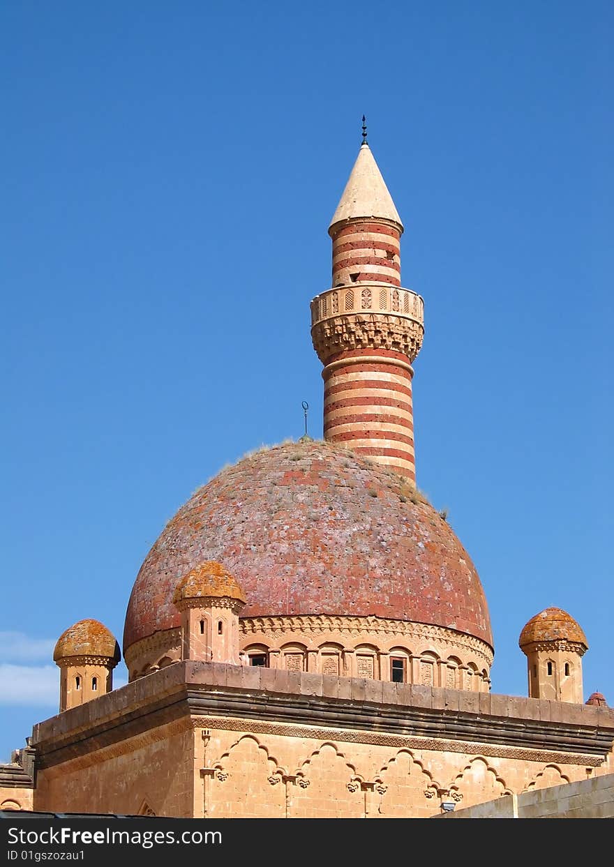 Colourful minaret at Isak Pasha Sariyer in Eastern Turkey