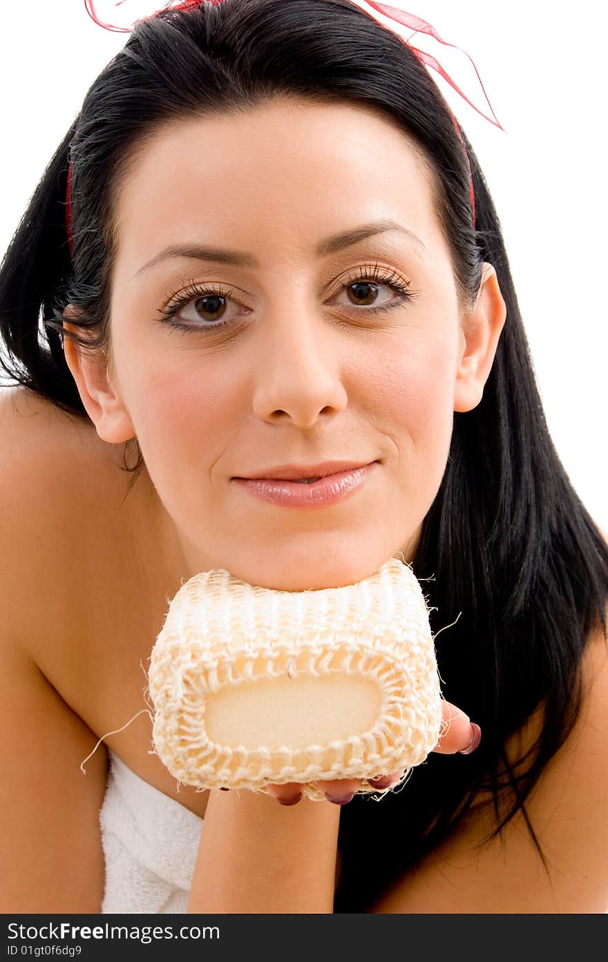 Front view of young woman with scrubber on white background. Front view of young woman with scrubber on white background