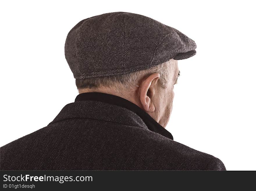 Senior man looking up at the sky on white background