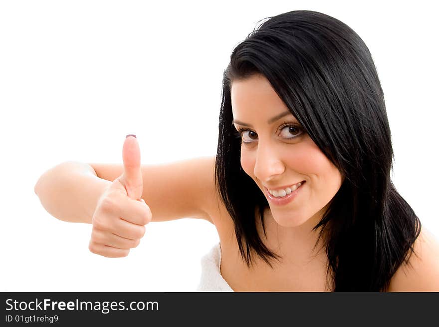 Woman showing thumb up on an isolated background