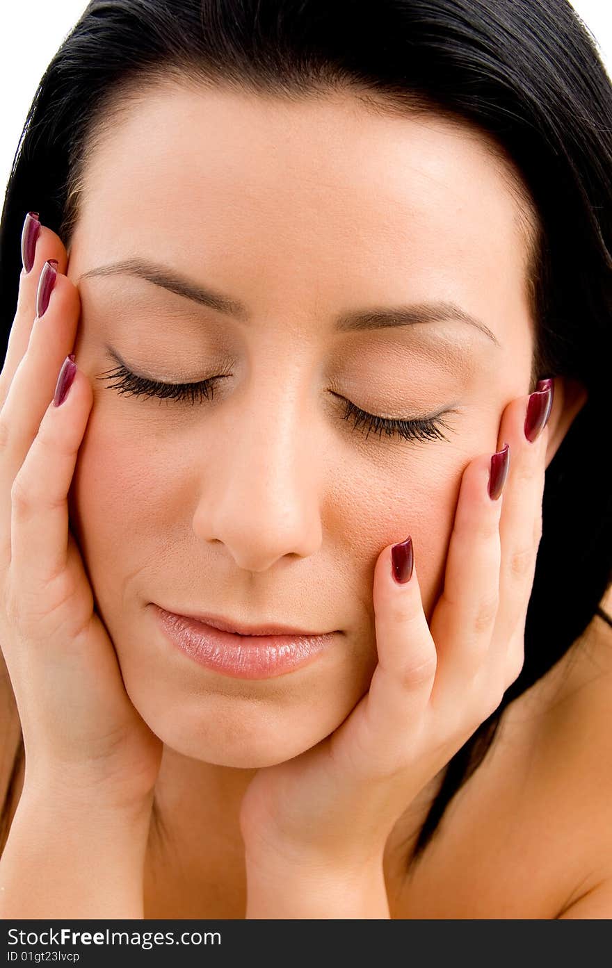 Close up of face of woman on white background