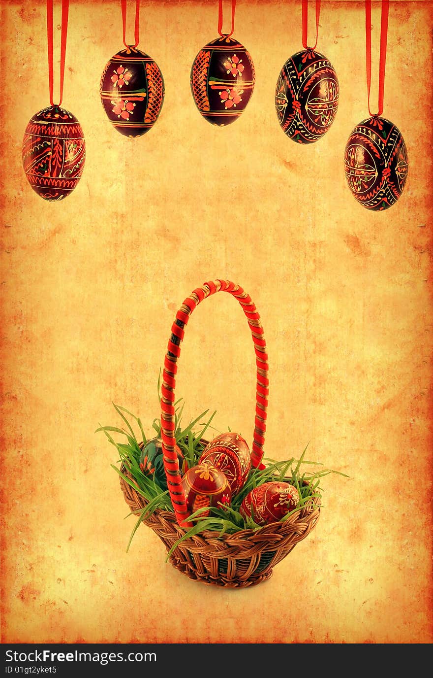 Grunge wallpaper with Easter basket and eggs