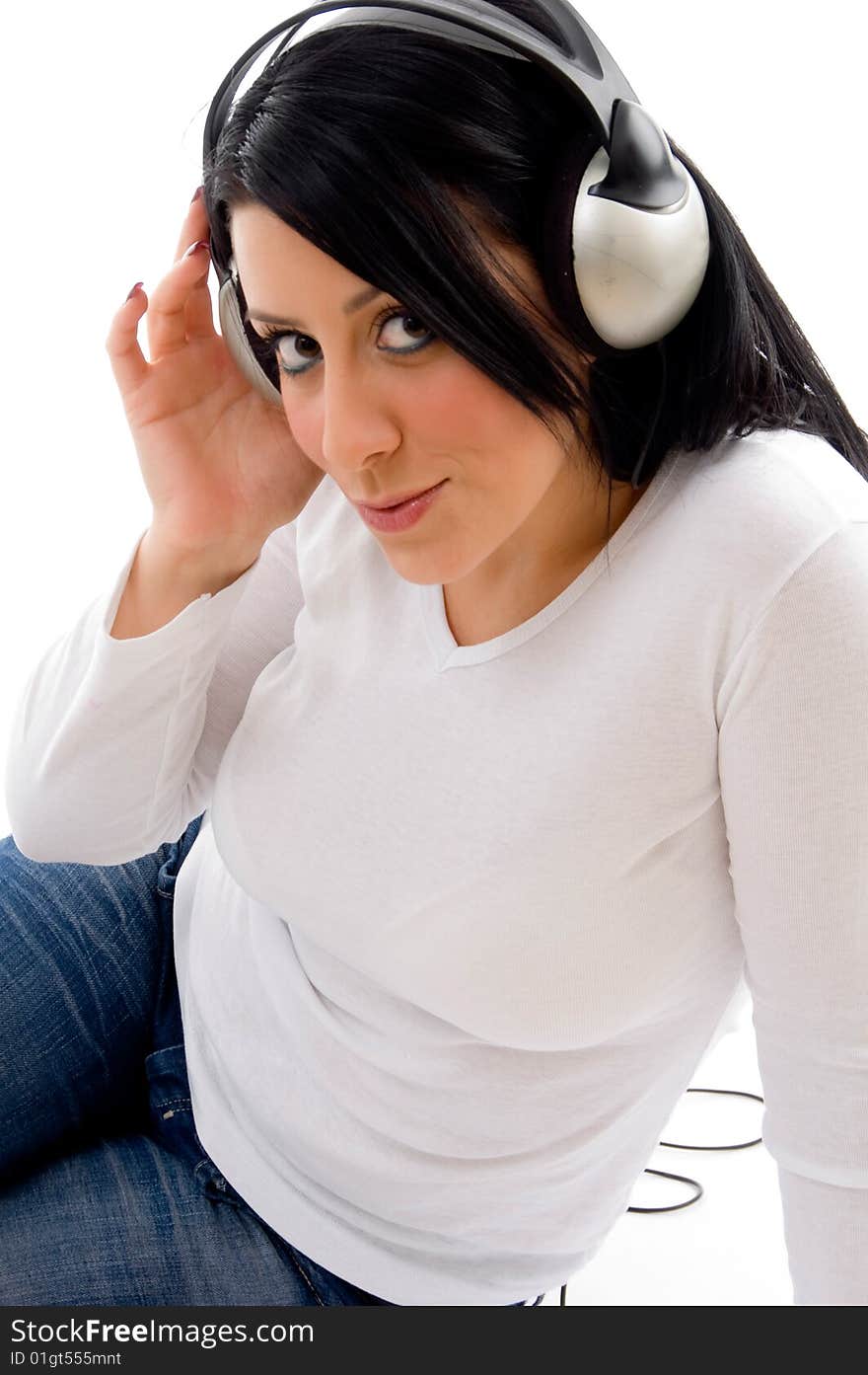 Model with headphone on white background