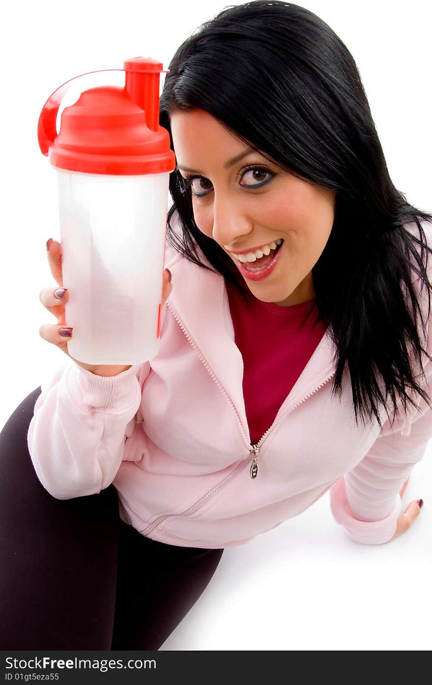 Front view of smiling female with bottle on an isolated white background. Front view of smiling female with bottle on an isolated white background