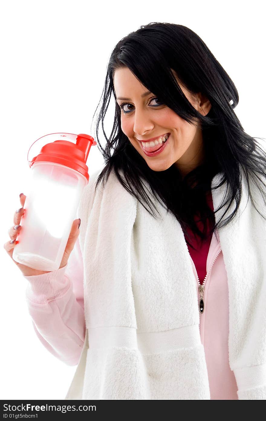 Front view of happy female with bottle on an isolated background