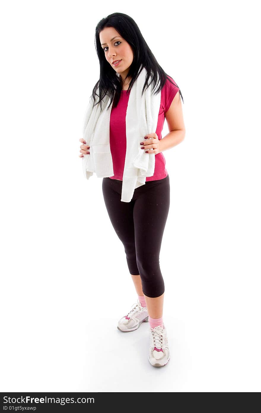 Front view of standing woman on white background