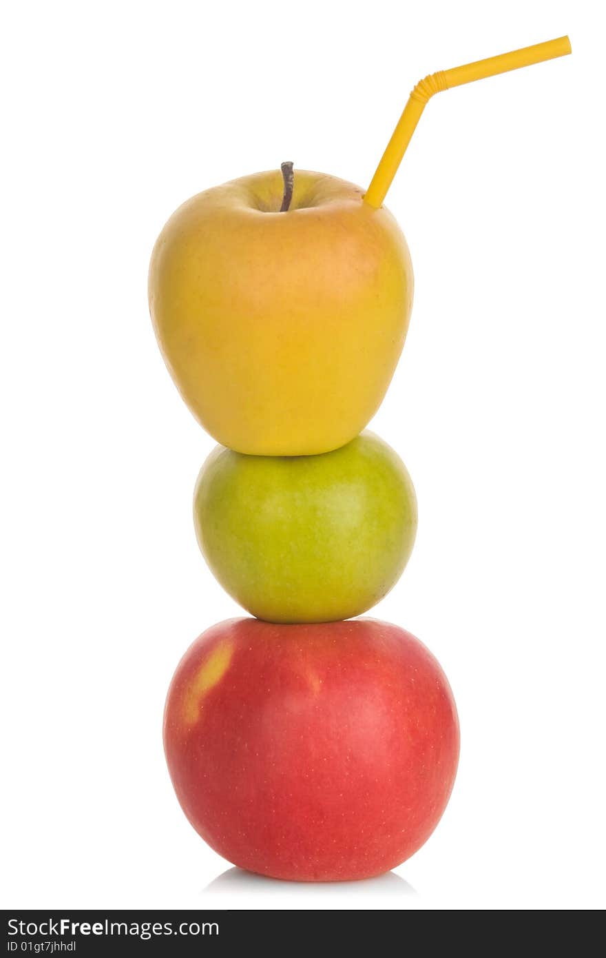 Red green and yellow apple with straw isolated on white background