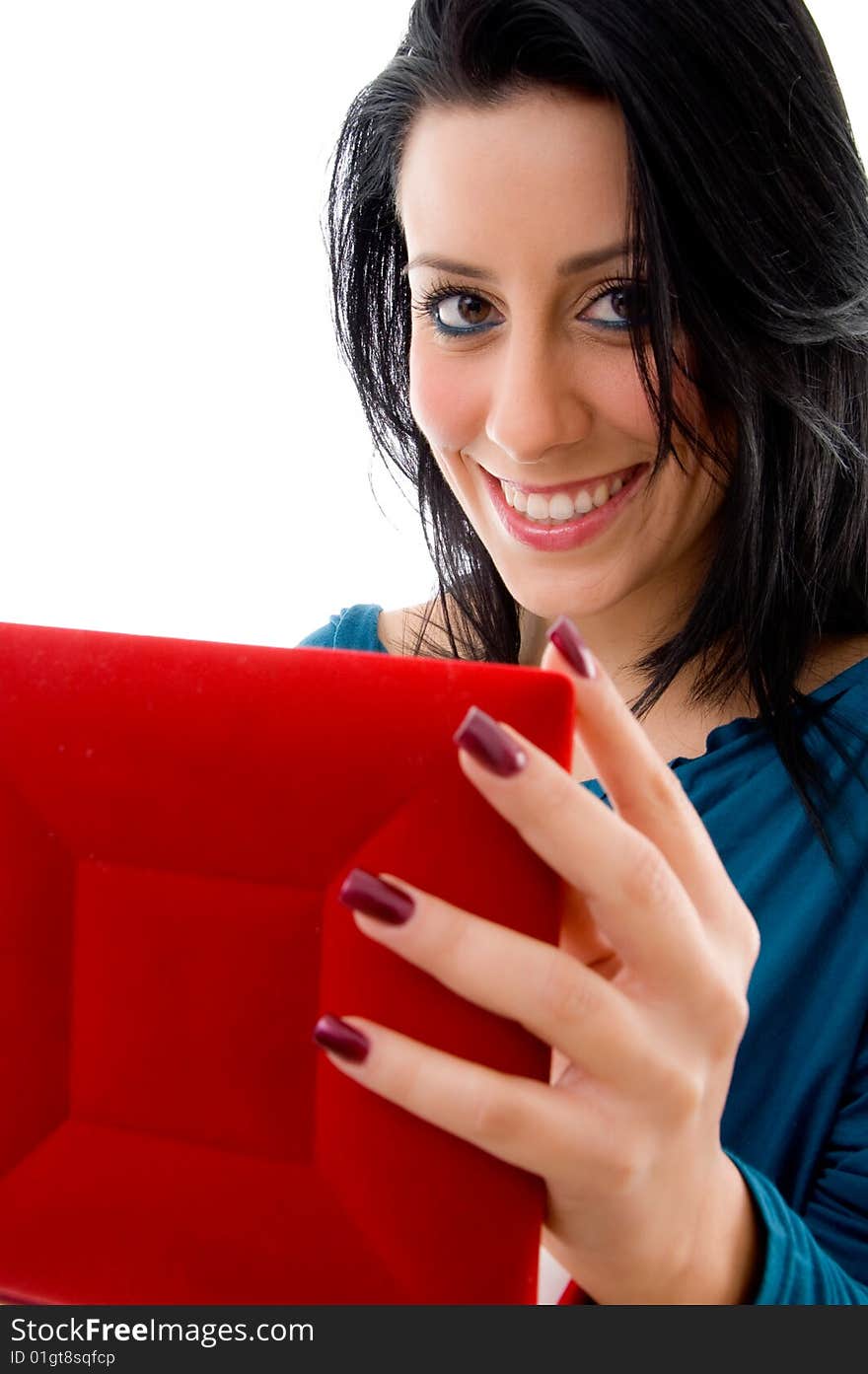 Pleased Woman Holding Case On White Background