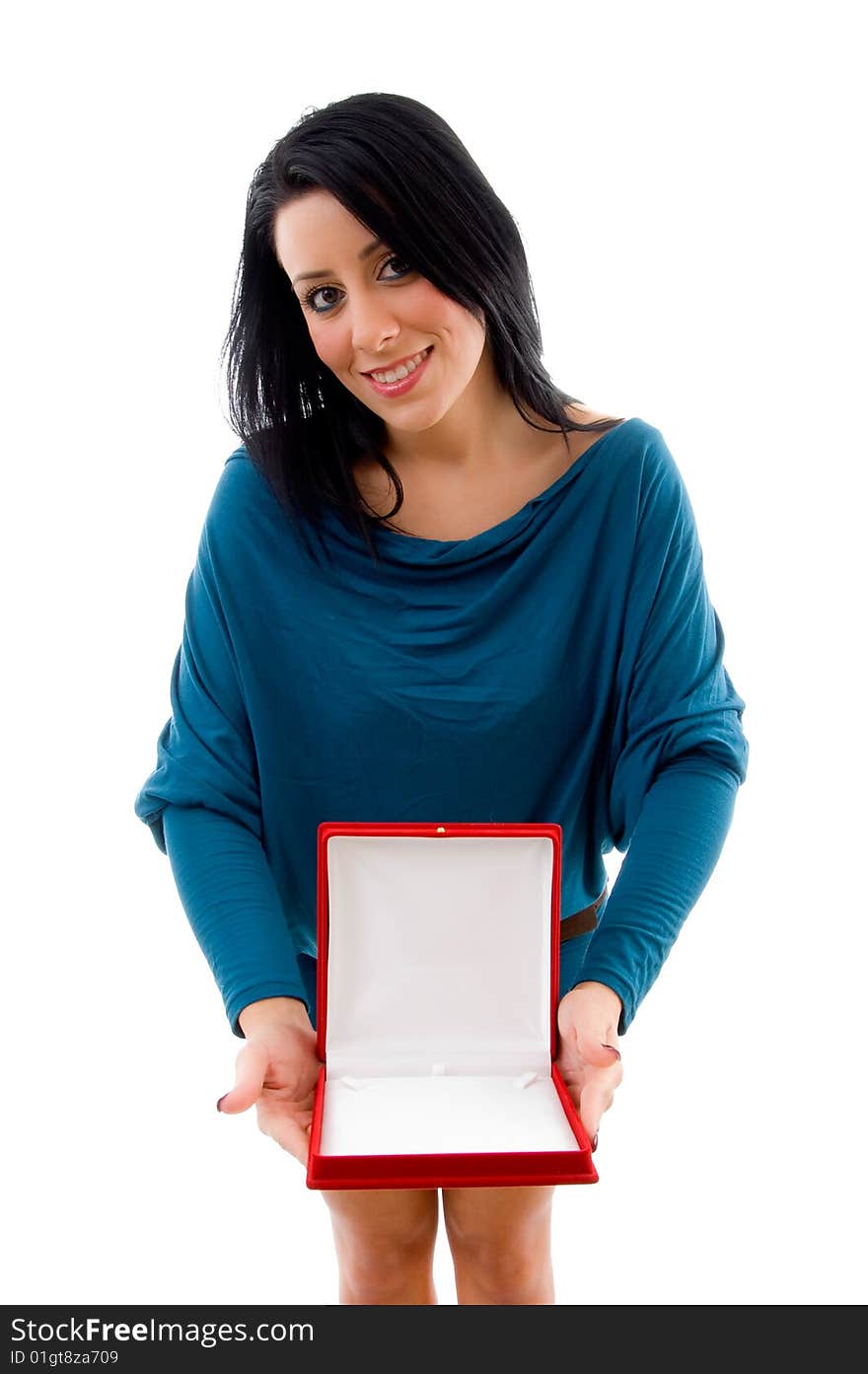 Front view of woman showing jewellery box