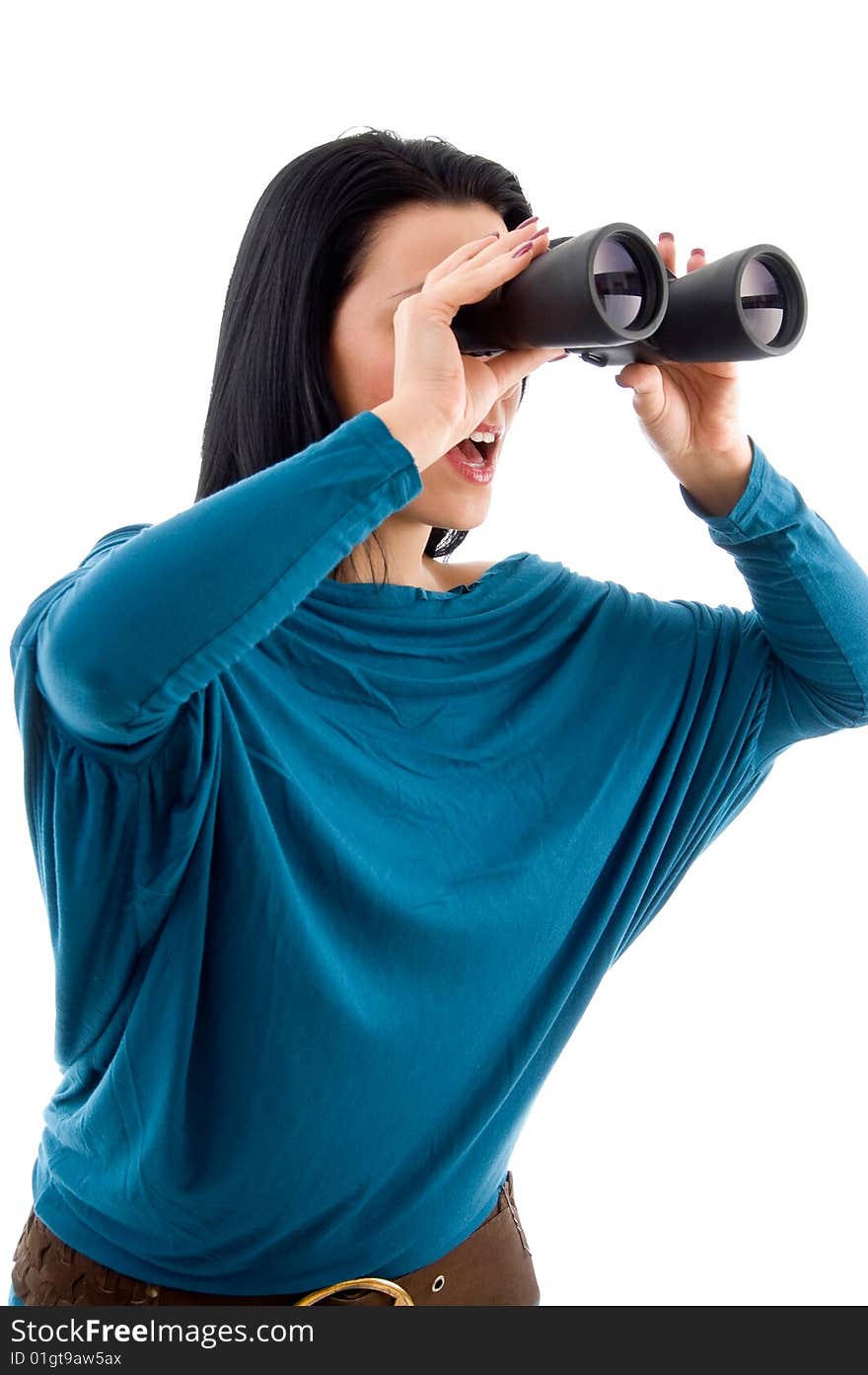 Side pose of female looking through binocular on an isolated white background