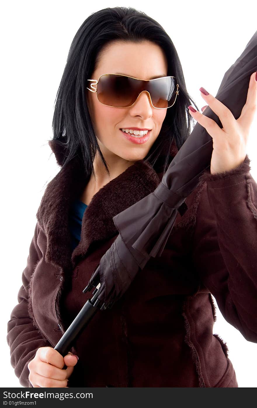 Woman holding umbrella on white background