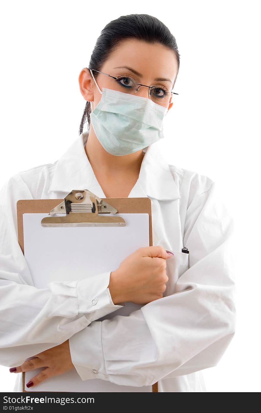 Doctor Holding Writing Pad On White Background