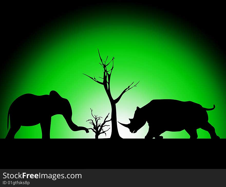 Elephant and Rhino silhouette against a wild landscape.