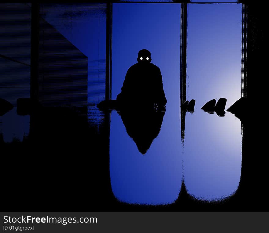 A sinister silhouetted business man at the end of a desk. A sinister silhouetted business man at the end of a desk.