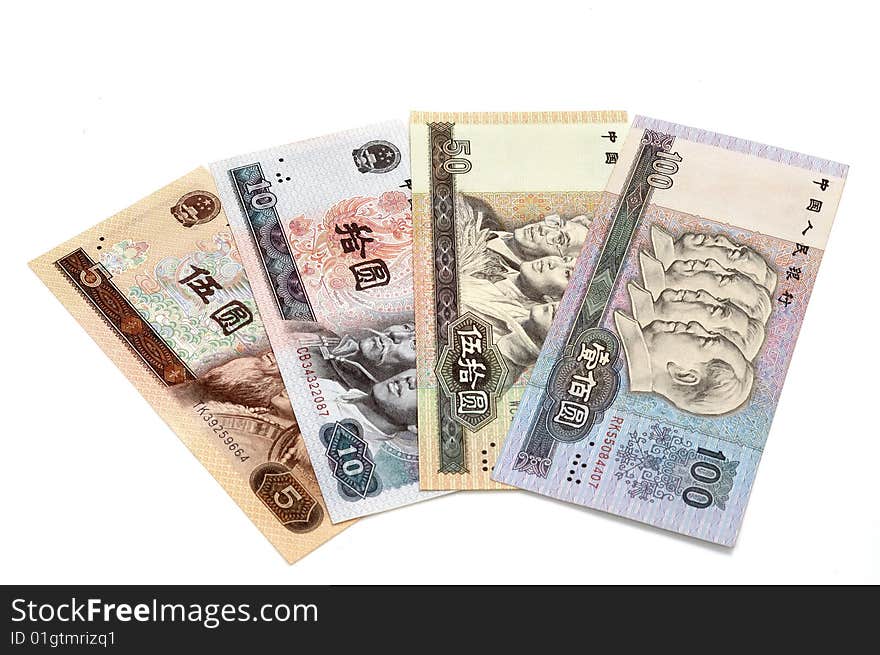 It is series chinese bills, old version and is not circulation of money in china now, from 5 dollar to 100 dollar . isolated.