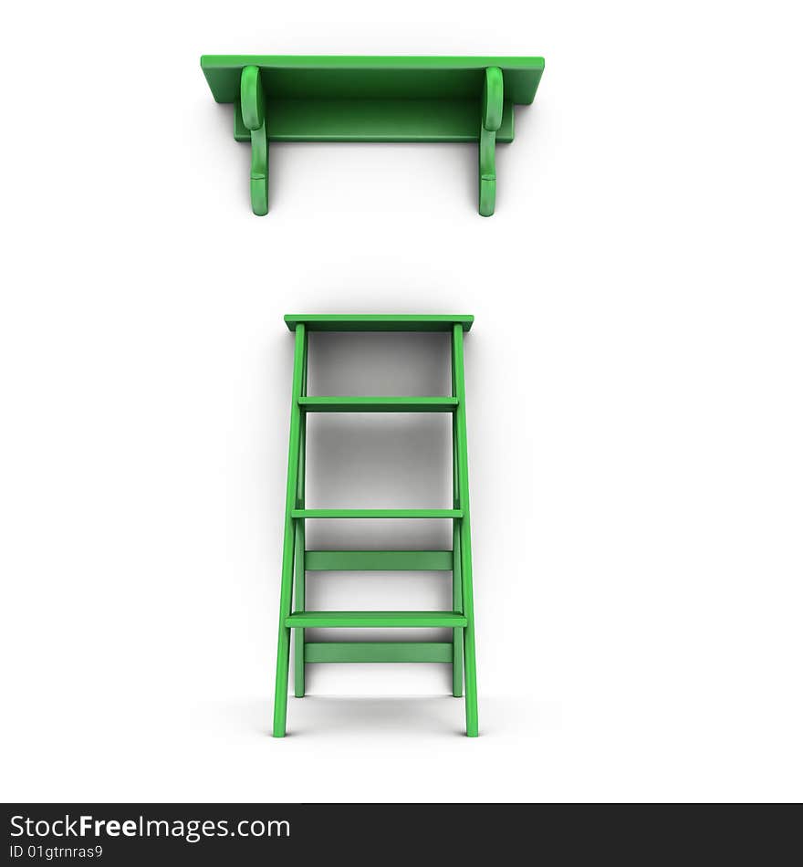 Green stairs and bookshelf around the walls. Isolated on white background. Green stairs and bookshelf around the walls. Isolated on white background.