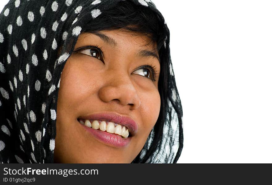 Beautiful, young asian woman with headscarf isolated on white. Beautiful, young asian woman with headscarf isolated on white