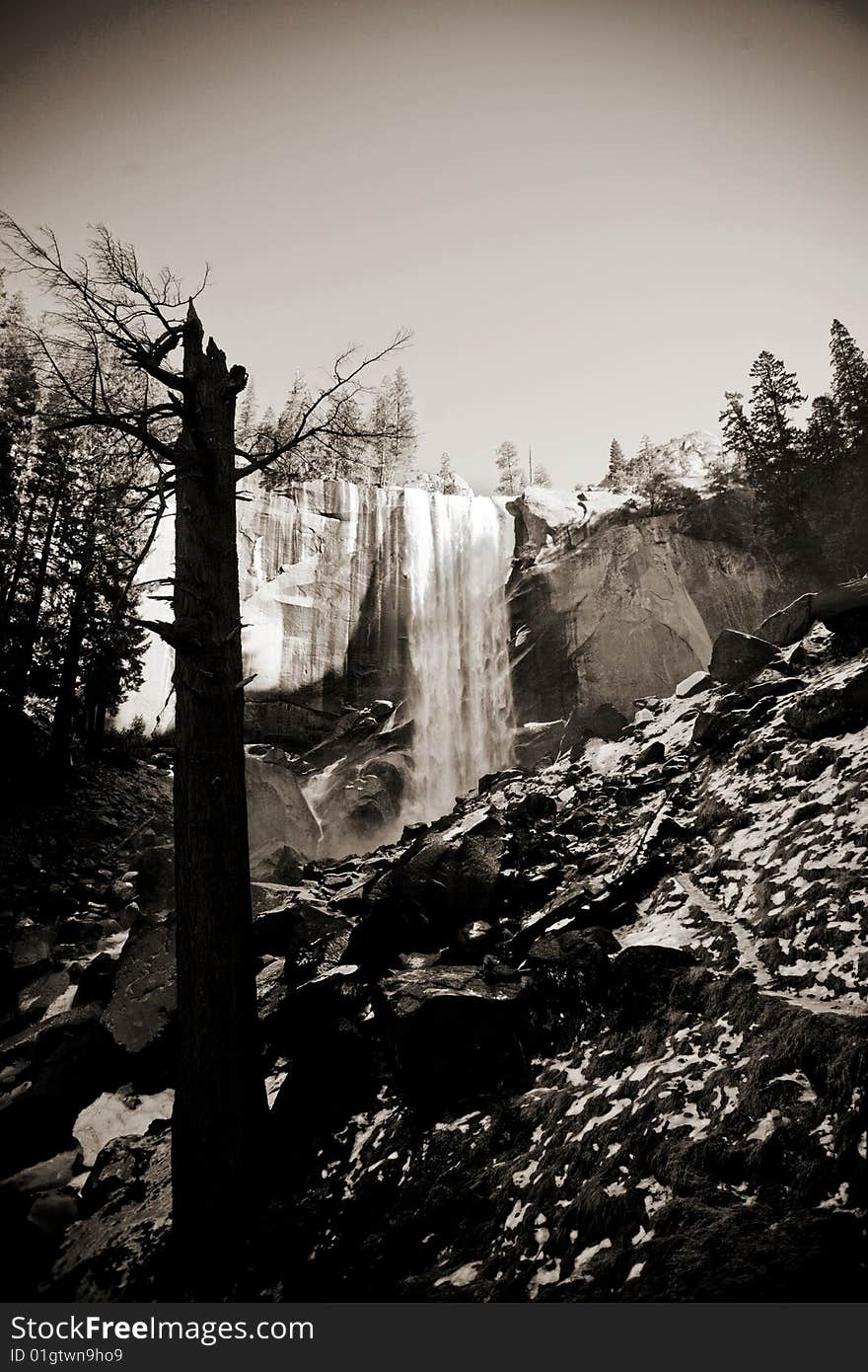 Nevada Falls with snow during winter in Yosemite National Park. Nevada Falls with snow during winter in Yosemite National Park