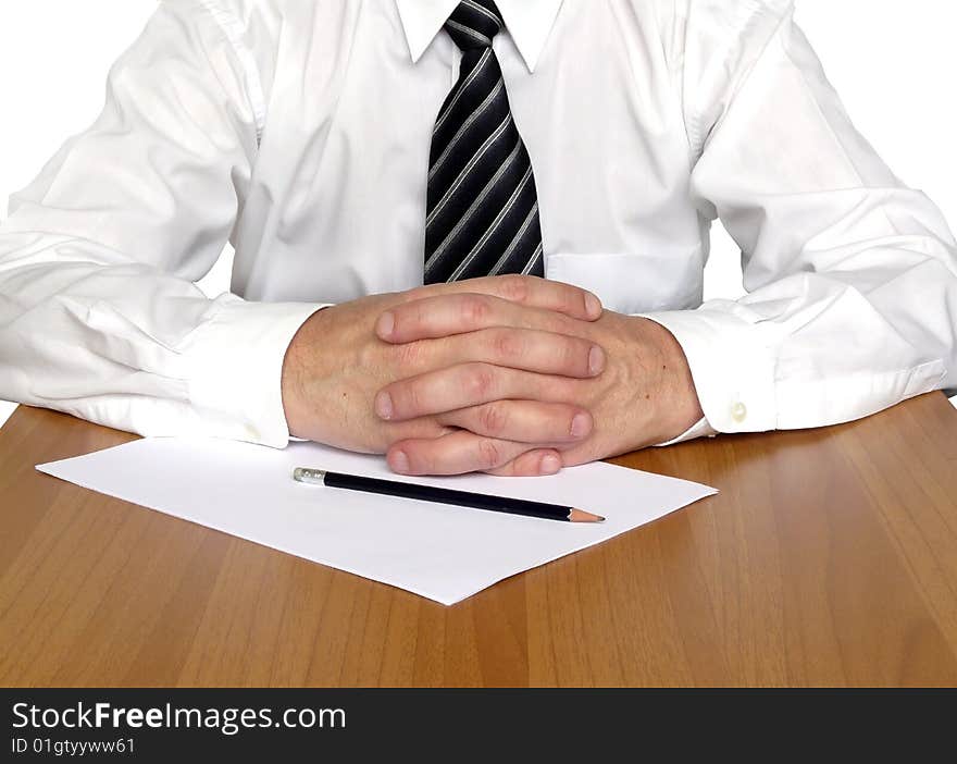 Business man sitting on the table closeup view