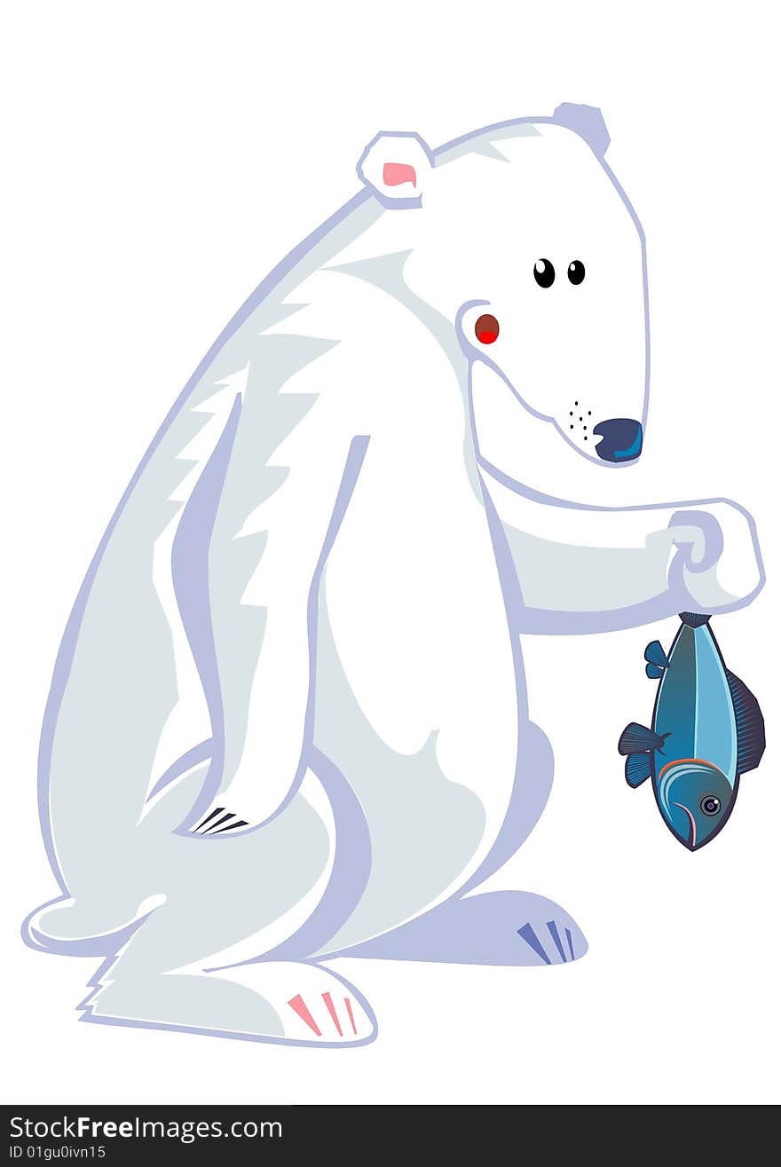 Polar white bear holding fish. Polar white bear holding fish