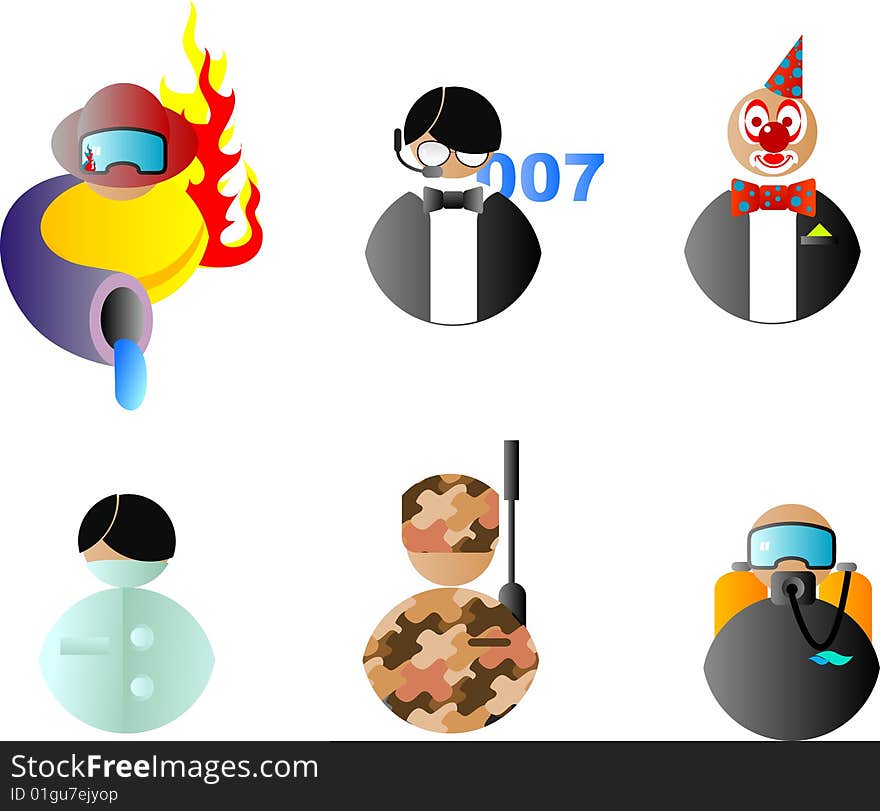 A set of vector characters of different professions:fireman, clown, guards, soldiers, divers, medical. A set of vector characters of different professions:fireman, clown, guards, soldiers, divers, medical