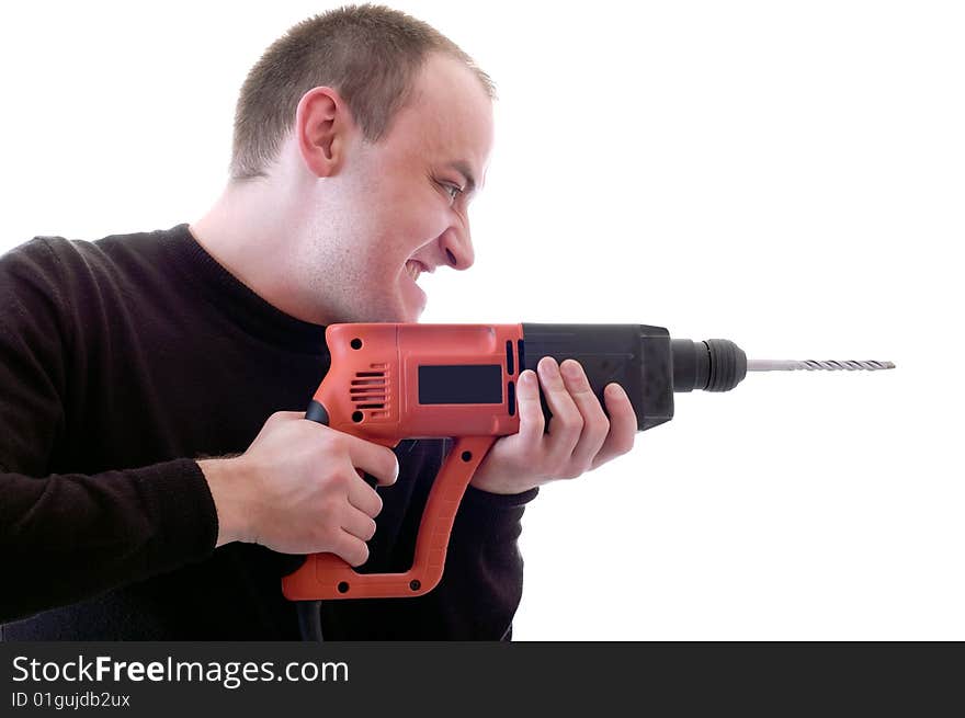 Man working with perforator isolated on white