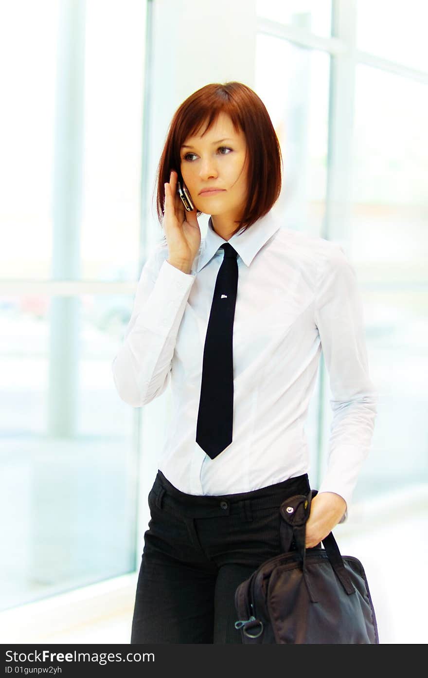 Business woman on the phone, carrying a briefcase with documents. Business woman on the phone, carrying a briefcase with documents