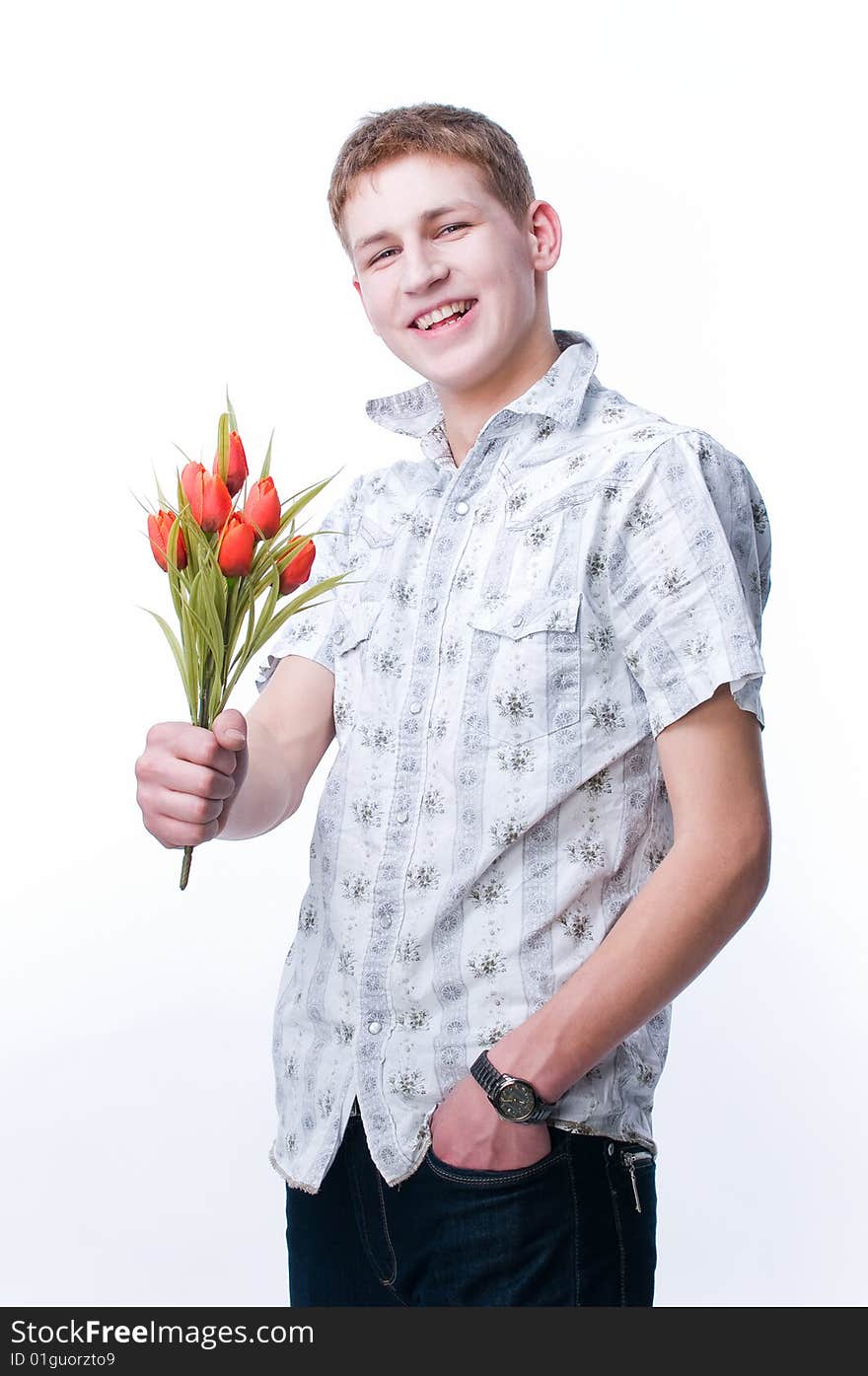 Smiling man with tulips, isolated on white background