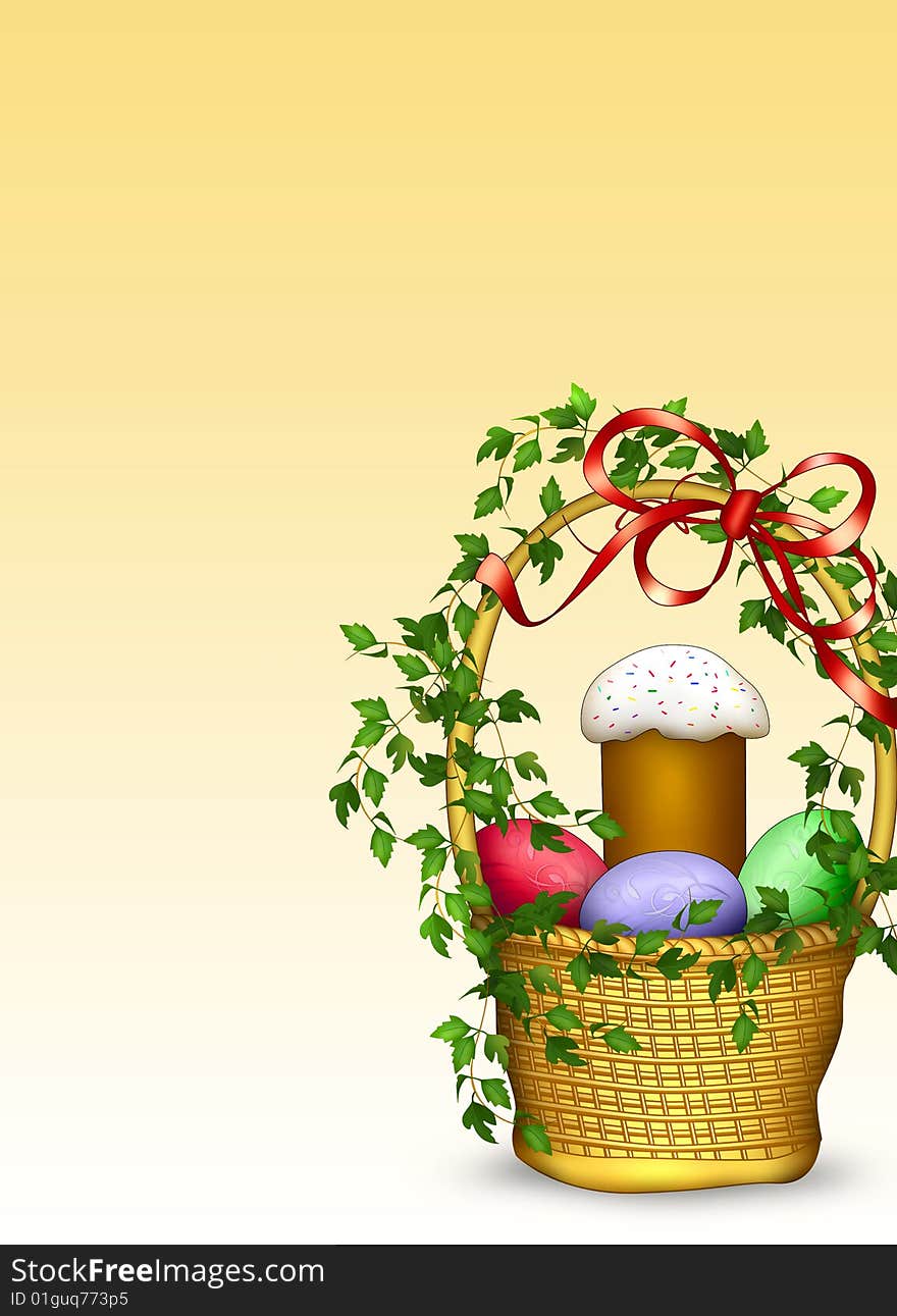 Basket with multi-coloured eggs and easter. Basket with multi-coloured eggs and easter