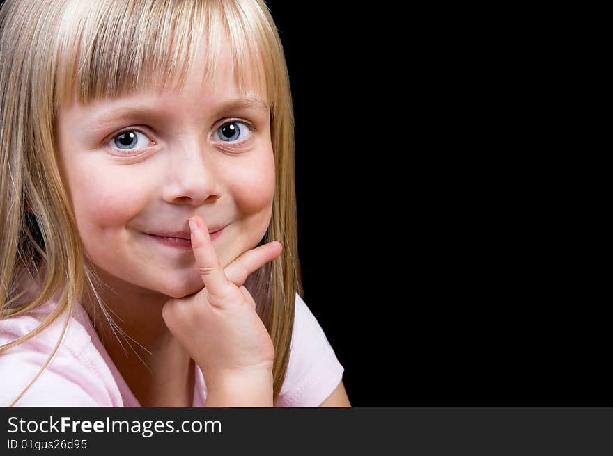 Blond Girl with big blue eyes on a black background