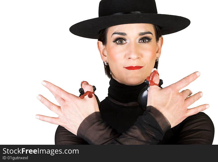 Spanish Dancer in a black costume with hat and accessories