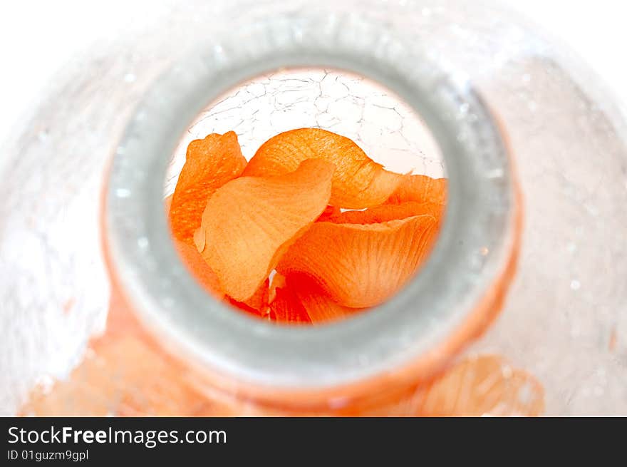 Orange flowers petals on cracked glass vase on isolated background. Orange flowers petals on cracked glass vase on isolated background.