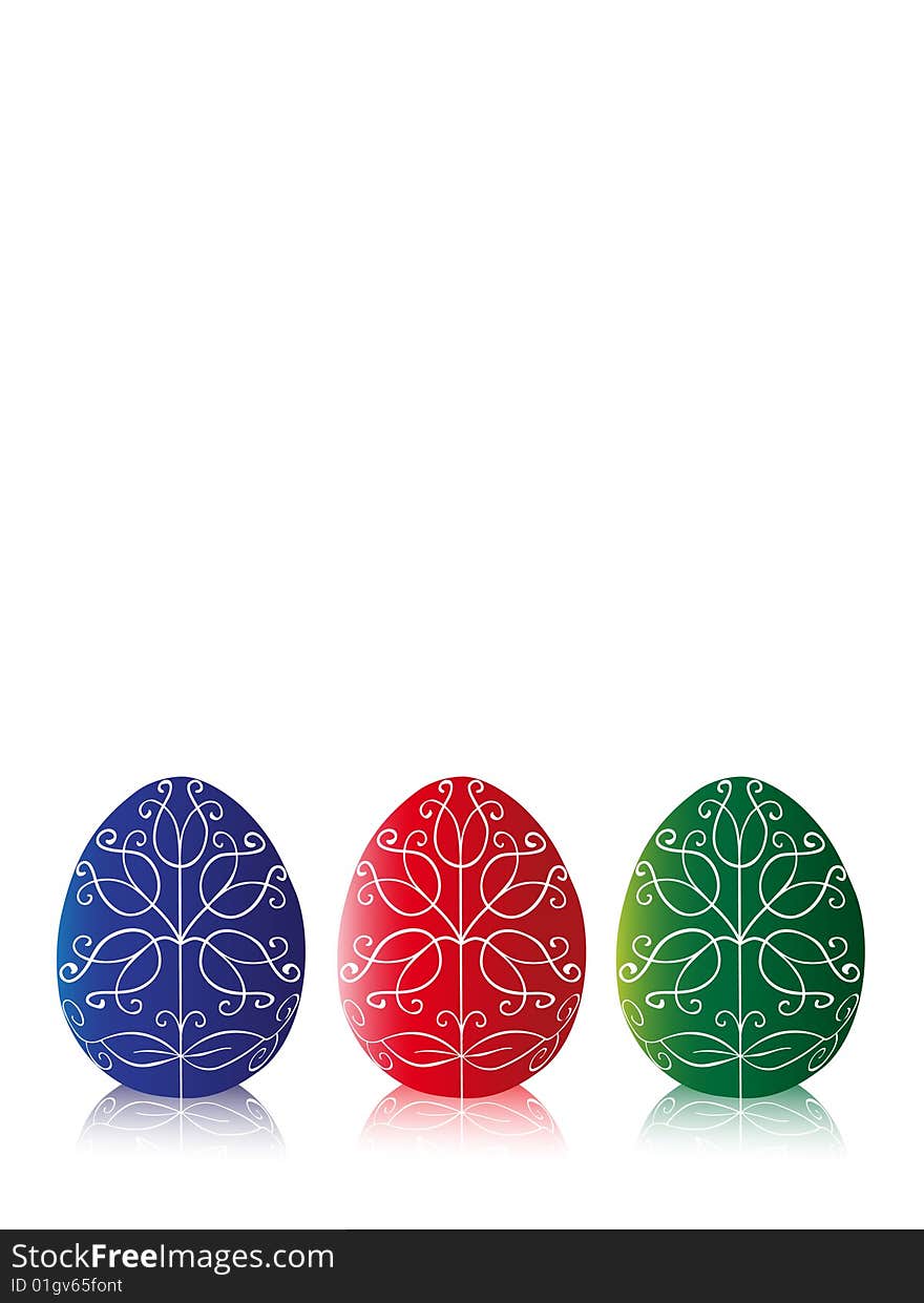 Three easter egg with reflection on white background.