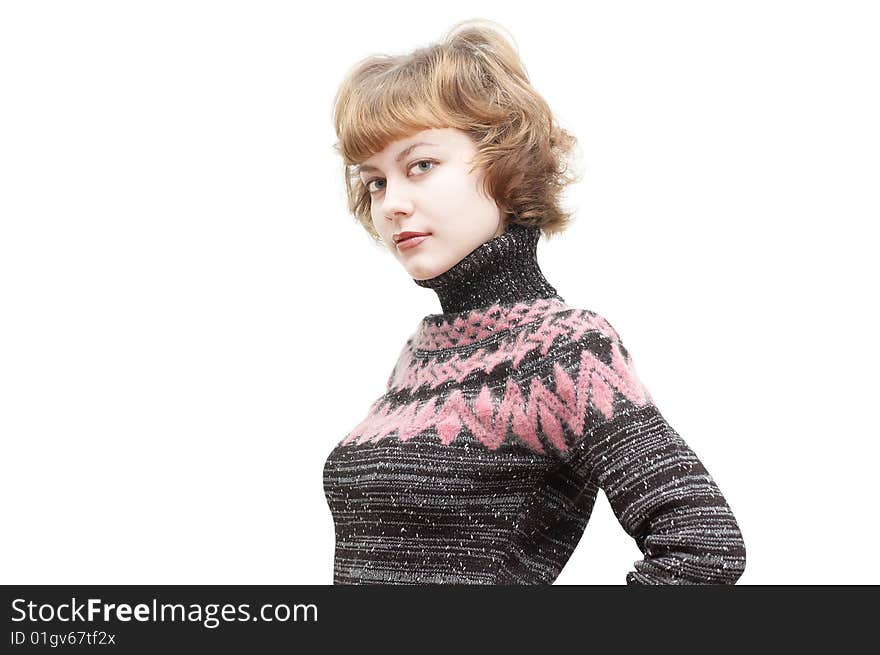 Young attractive woman in black-pink sweater