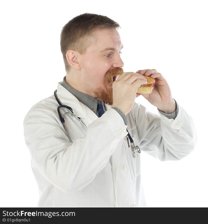 Bearded doctor opens his mouth to eat a hamburger in hands. Bearded doctor opens his mouth to eat a hamburger in hands