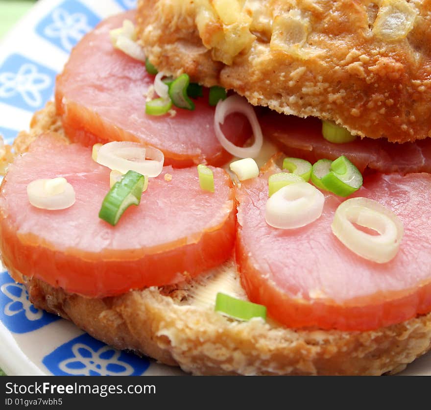 A fresh cheesebread with ham and onions. A fresh cheesebread with ham and onions