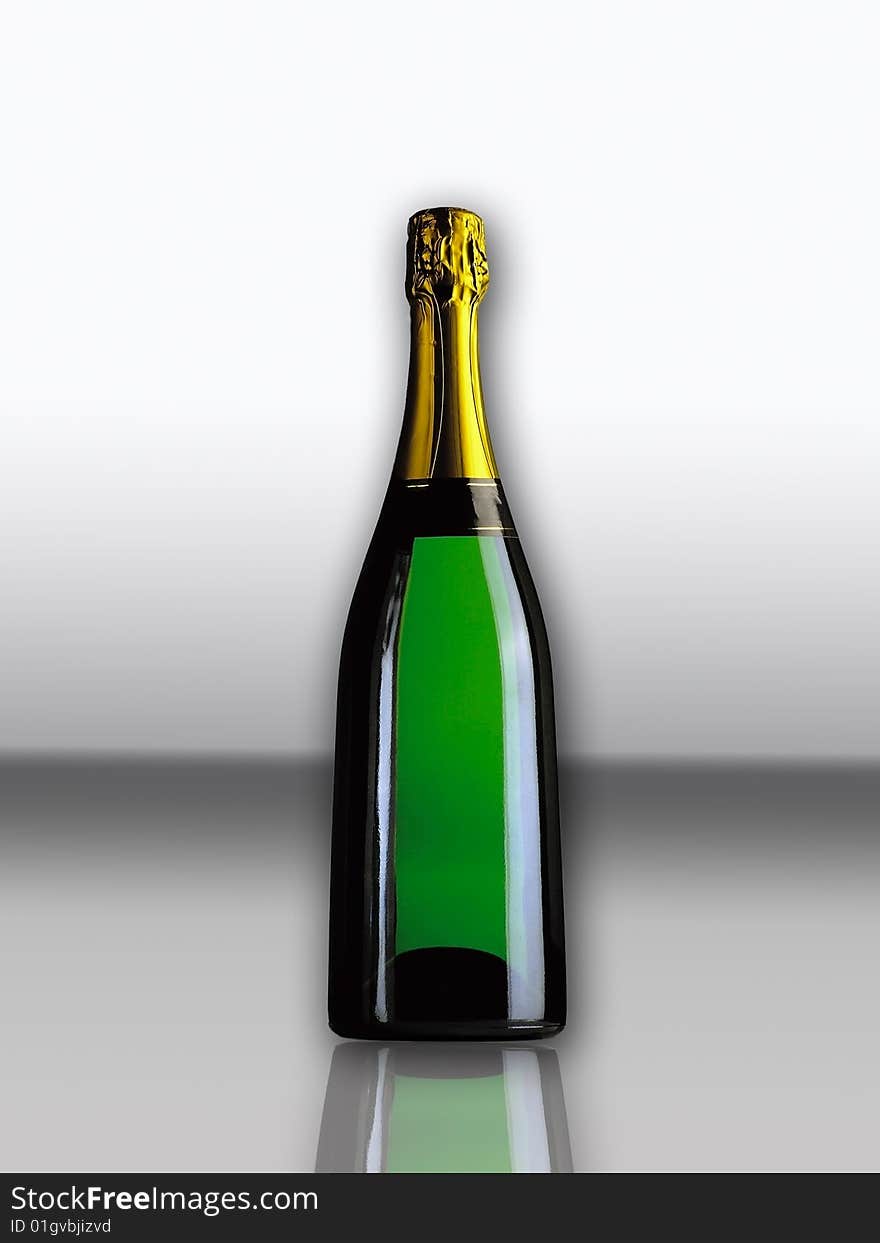 Bottle of champagne on a white background with a reflection