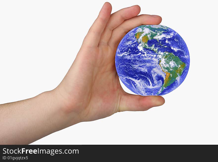 Earth in man's hand on white background