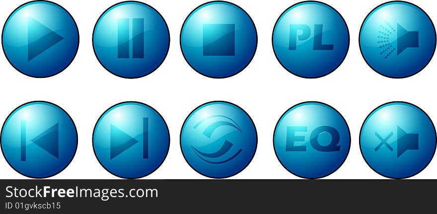 Collection of light blue buttons for music player. Collection of light blue buttons for music player