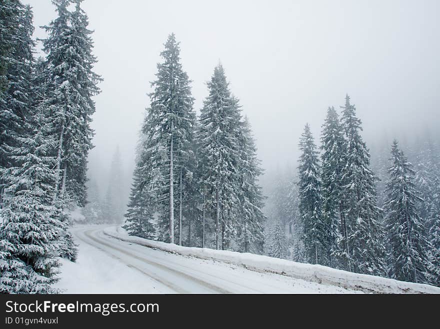 Empty snowy mountain road with forest