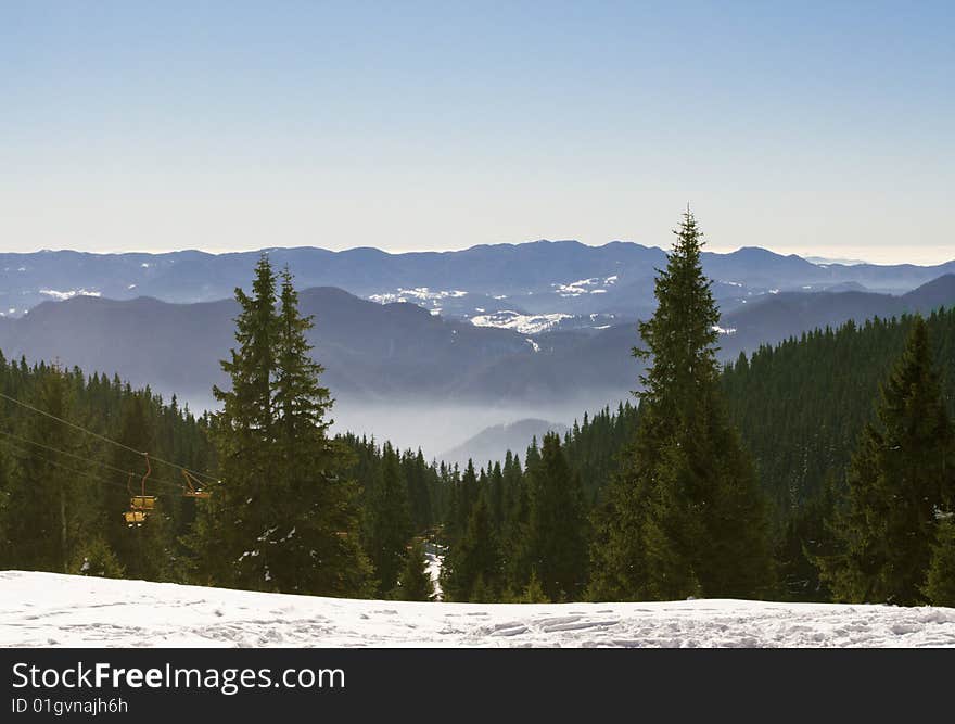 Mountain landscape with green forest and snow