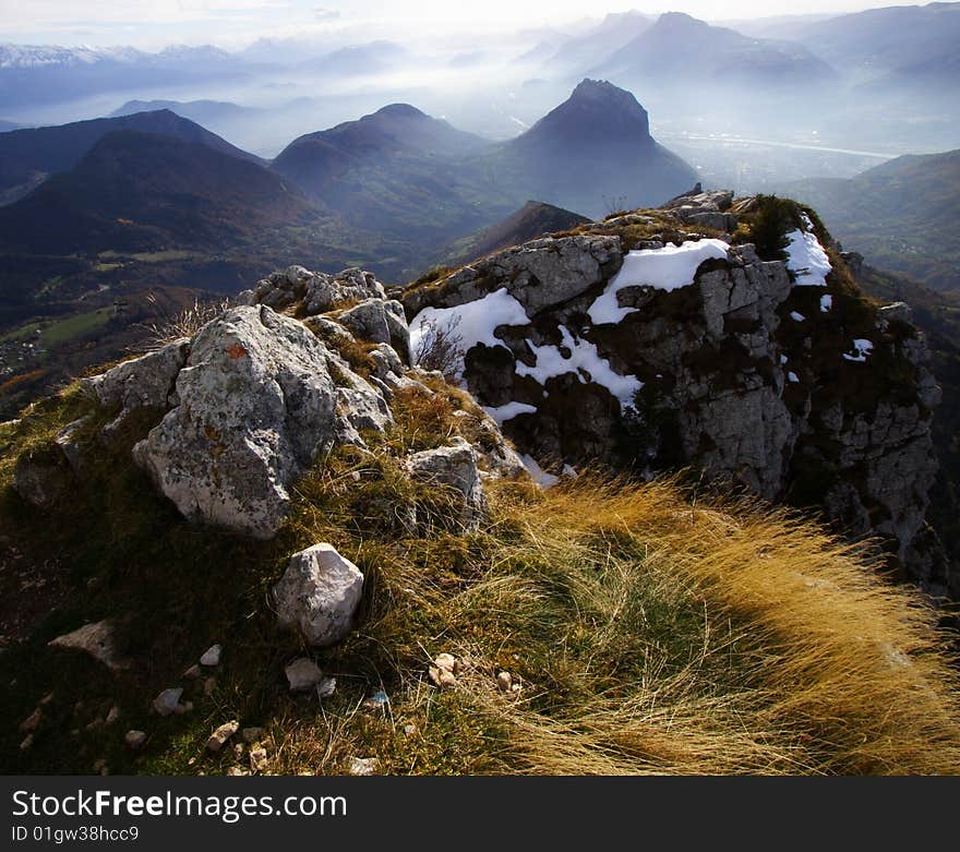 Summit in chartreuse (french alps) called La pinea. View surrounding grenoble town and other summits.