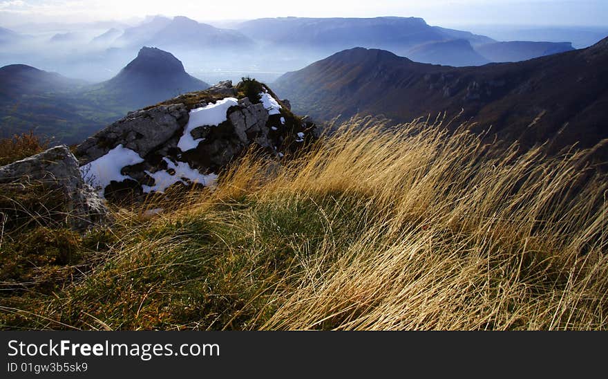 Beautiful summit in chartreuse (french alps) called La pinea. View surrounding grenoble town and other summits.