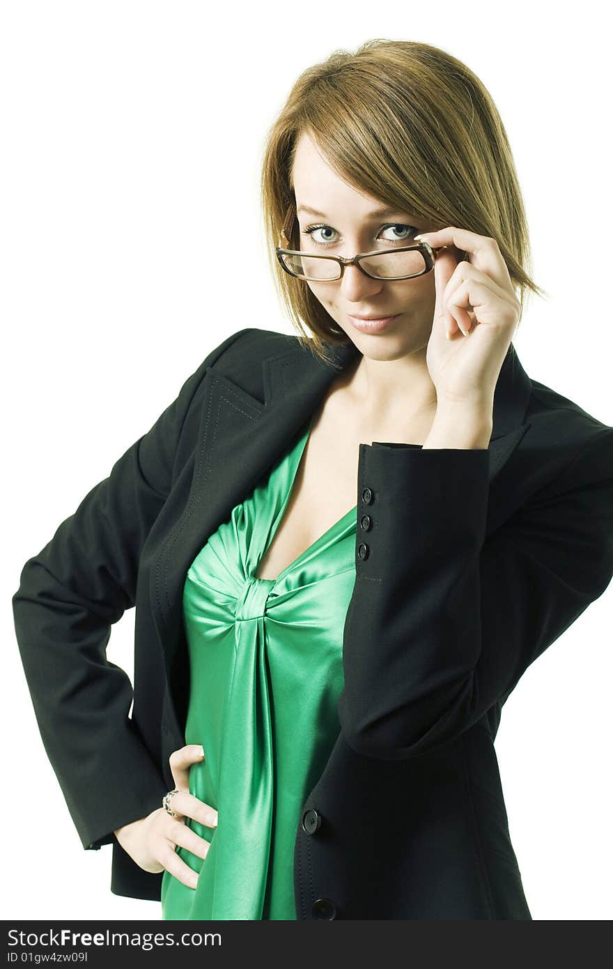 Business woman wearing glasess on white background