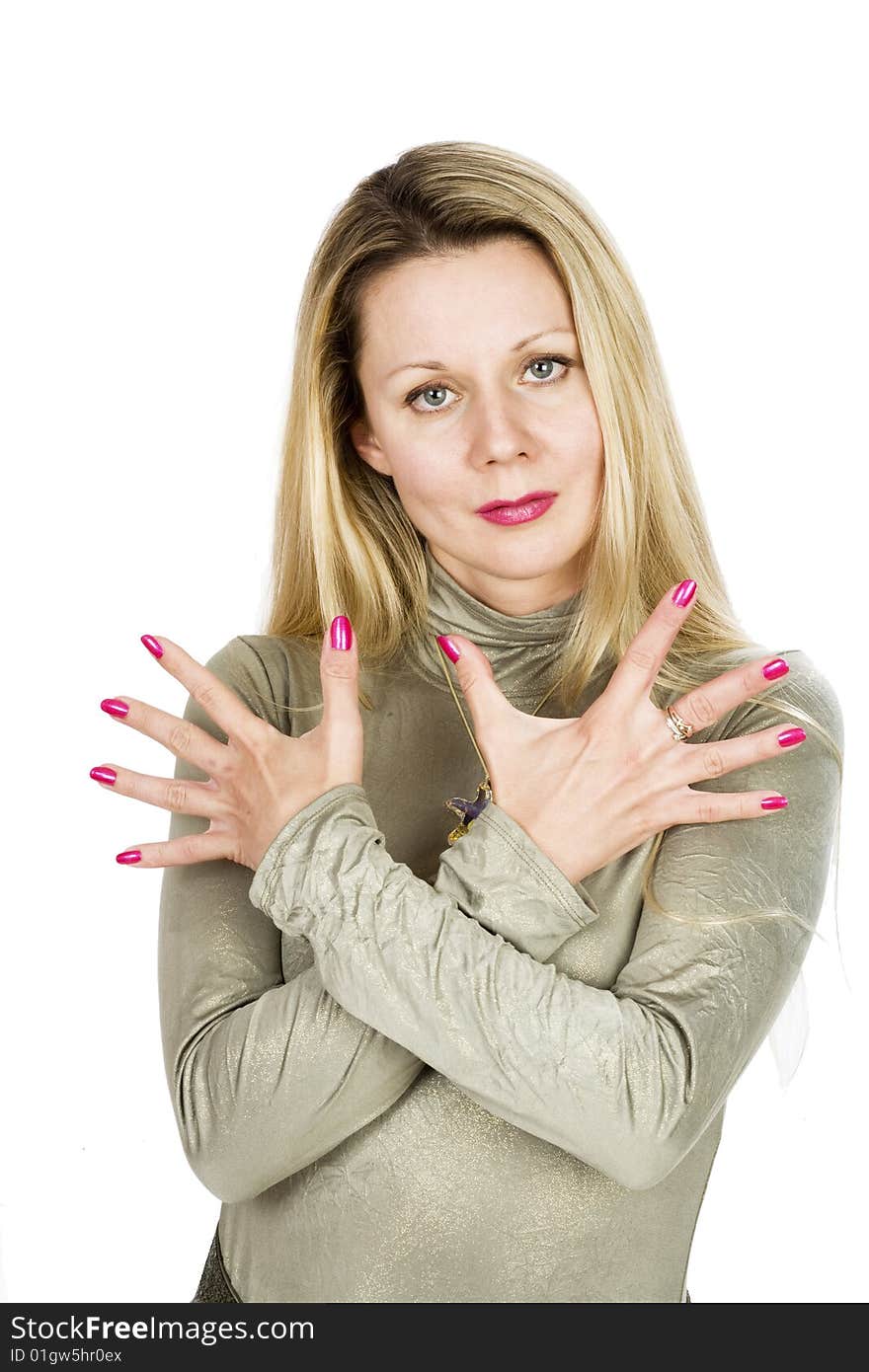 Long hair blonde woman in green dress on white